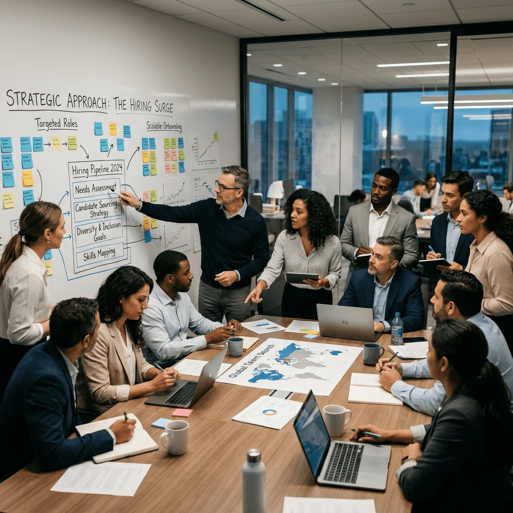 Team collaborating around a conference table reviewing a hiring strategy on a whiteboard