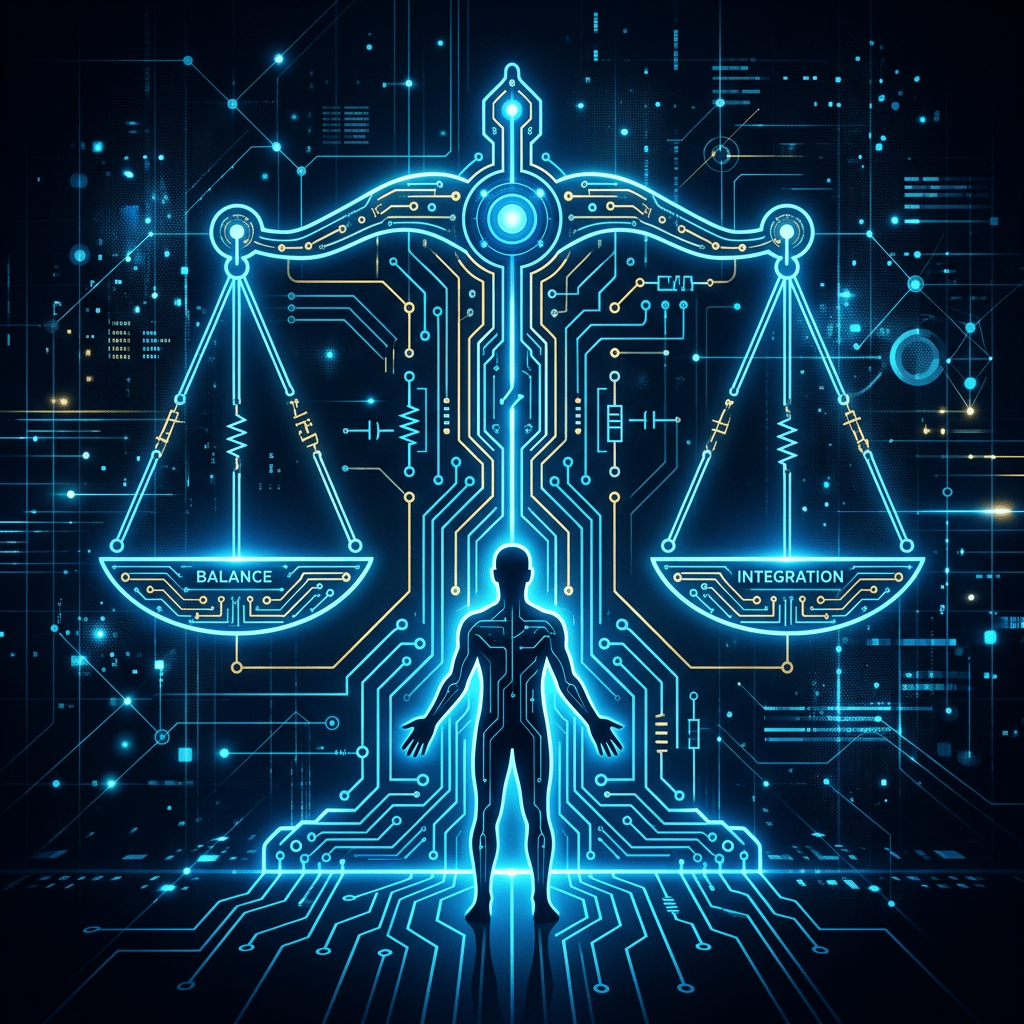 Digital scales of justice labeled balance and integration above a human figure with circuitry patterns
