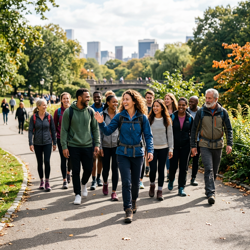 Group of cheerful people hiking and walking on paved path in a park