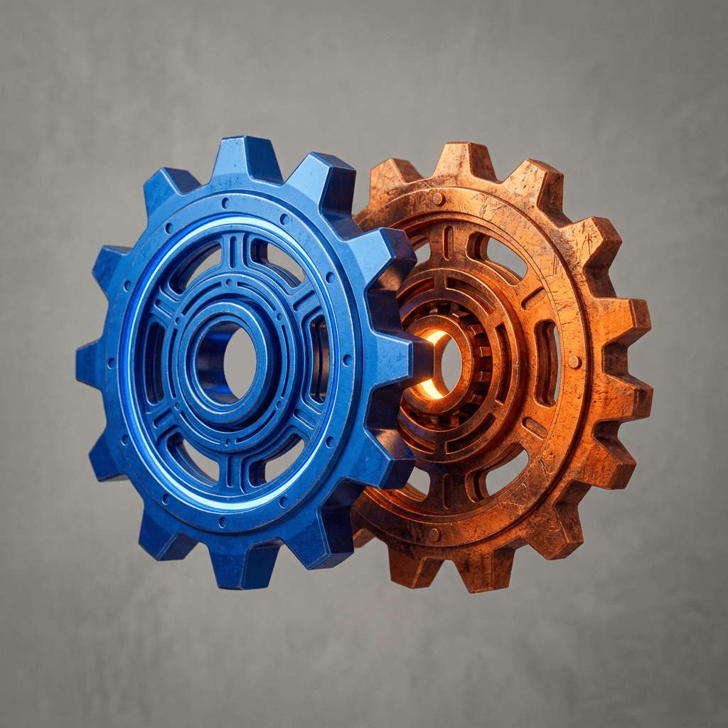 Blue and copper interlocking gears against gray background