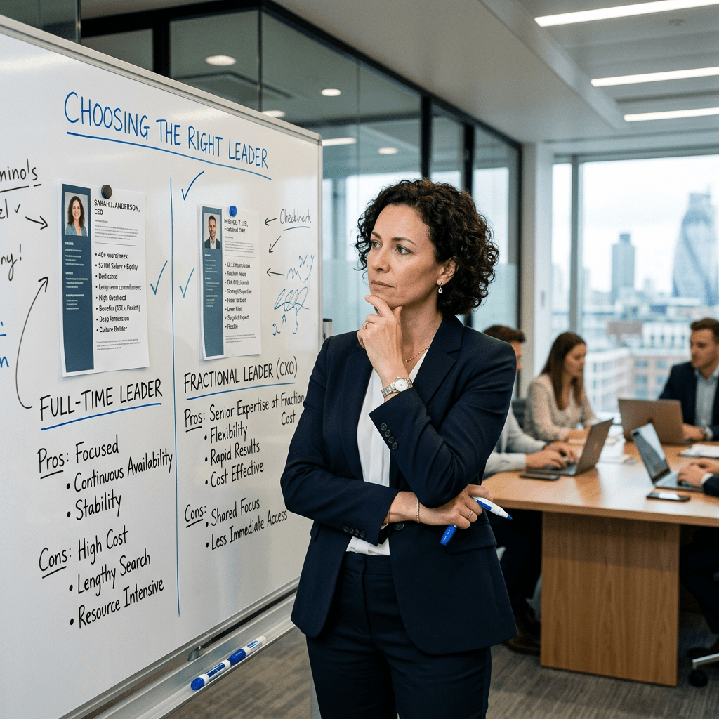 Businesswoman considering pros and cons of full-time and fractional leaders on whiteboard